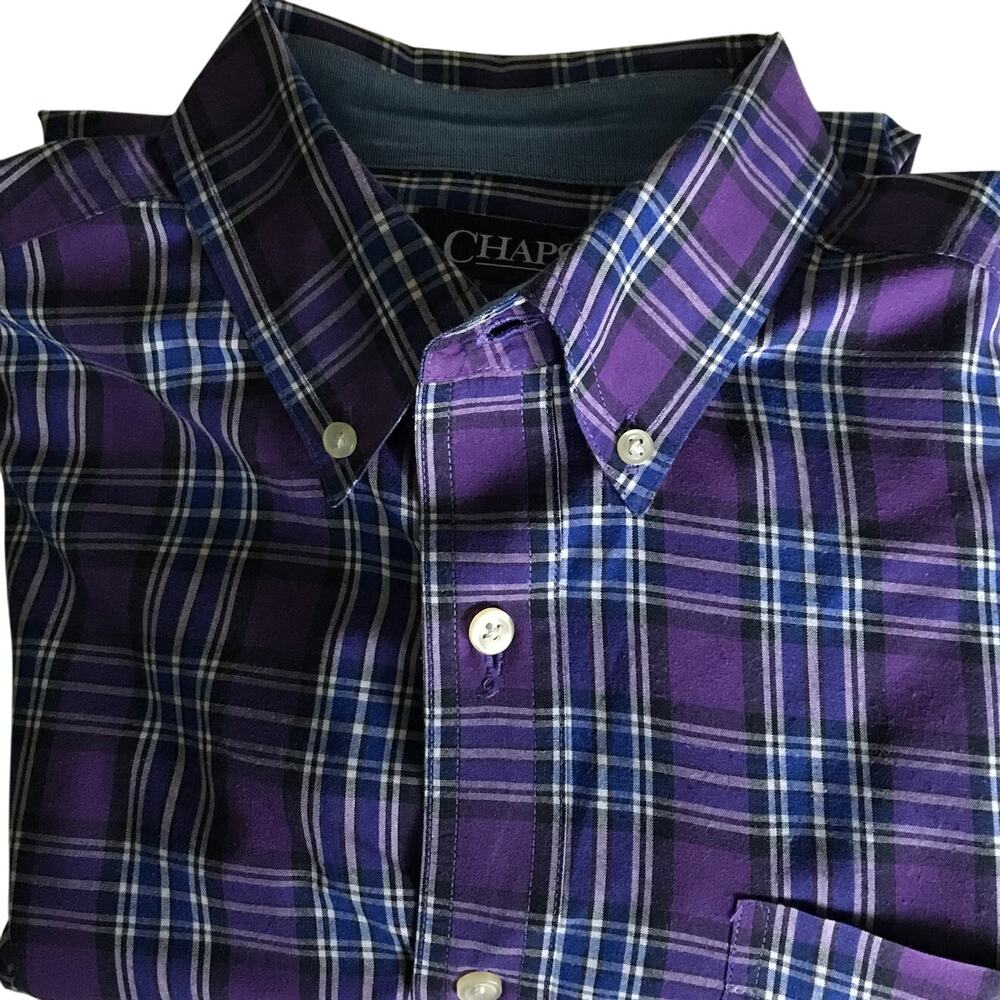Chaps Shirt Medium Mens Plaid Easy Care Button Up Dress Purple Blue White Black